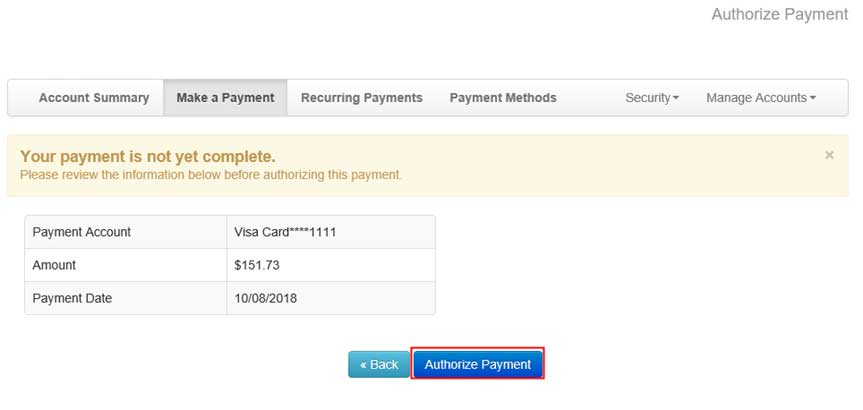click on authorize button to make payment